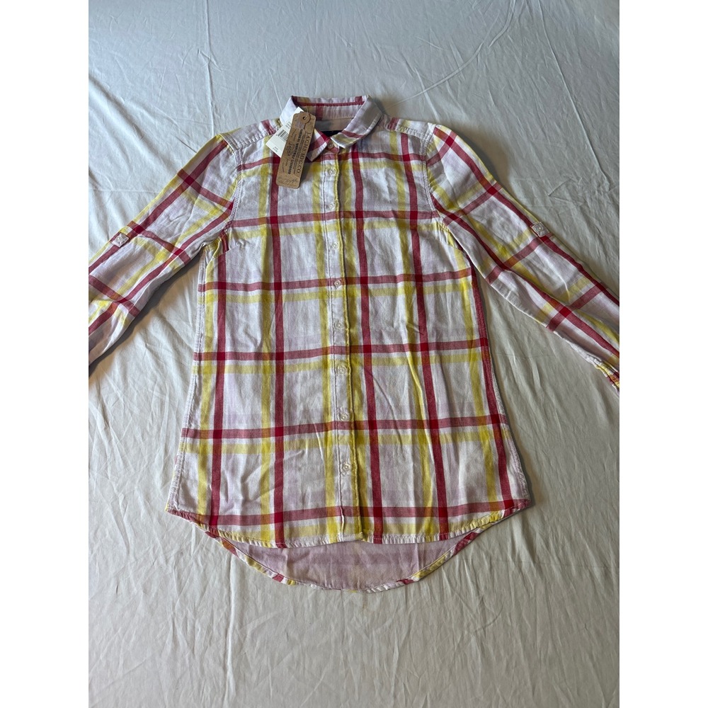 Jachs Girlfriend Plaid Button Down Shirt Womens XS Pink Yellow NWT Roll Tab